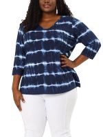 Agnes Orinda Women's Plus Size Halloween Tie Dye Stripe V Neck 3/4 Sleeve Side Slit Top