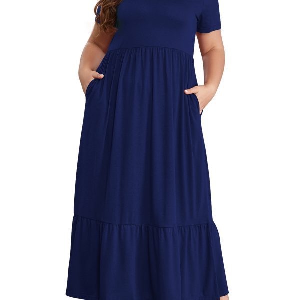 Mengpipi Women's Plus Size Casual Short Sleeve Crewneck Dress Flowy Tiered Loose Maxi Dress with Pockets Navyblue 1X-4X