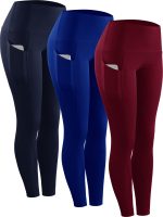 NELEUS Womens High Waist Running Workout Yoga Leggings with Pockets,Navy Blue+Blue+Red,US Size S