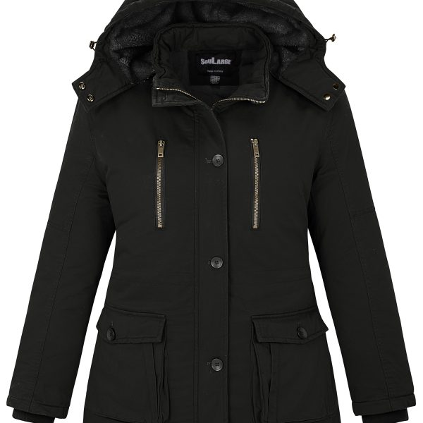Soularge Women's Winter Plus Size Padded Fleece Parka Coat with Hood (Black, 3X)
