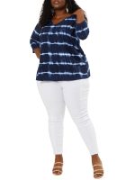 Agnes Orinda Women's Plus Size Halloween Tie Dye Stripe V Neck 3/4 Sleeve Side Slit Top - Image 2